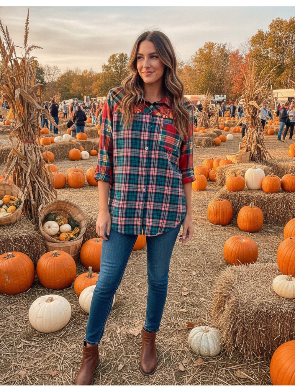 Blair 2XL Plaid Button-Up Shirt with Autumn Embroidery